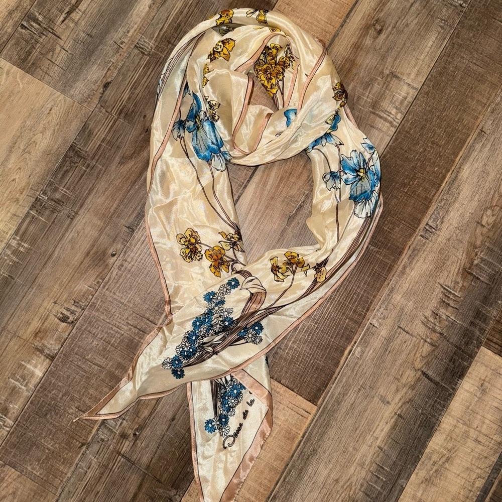 Oscar de la Renta 100% Silk Vintage Floral Print Thin Neck Hair Scarf Designer